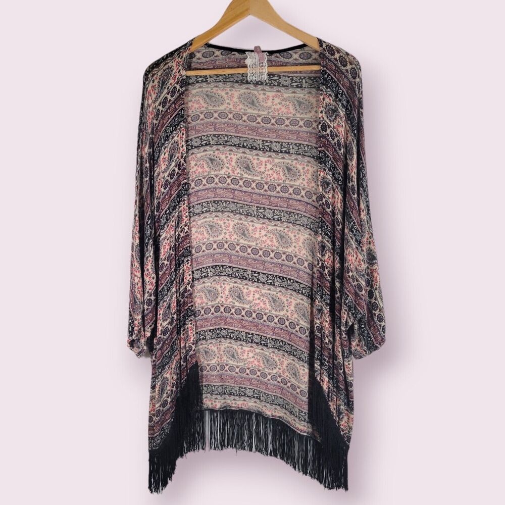 MAUVE Paisley Open Front Kimono Cardigan Size L Fringe Dolman Sleeve Soft Stripe